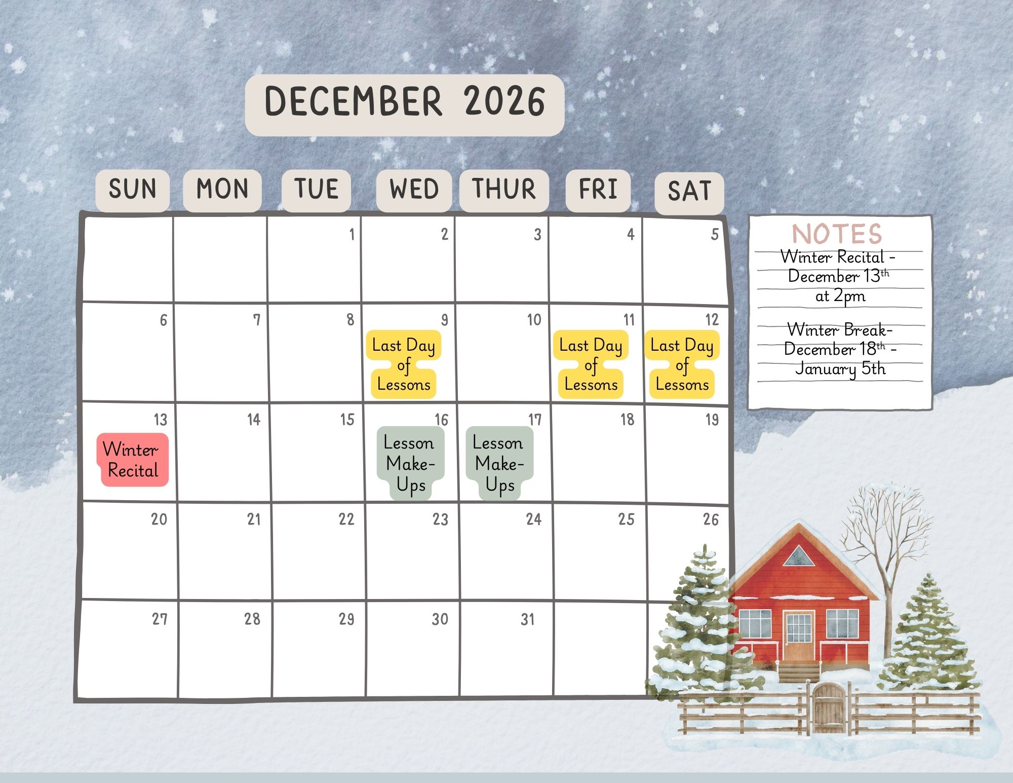 december 2026 sparrow & song calendar