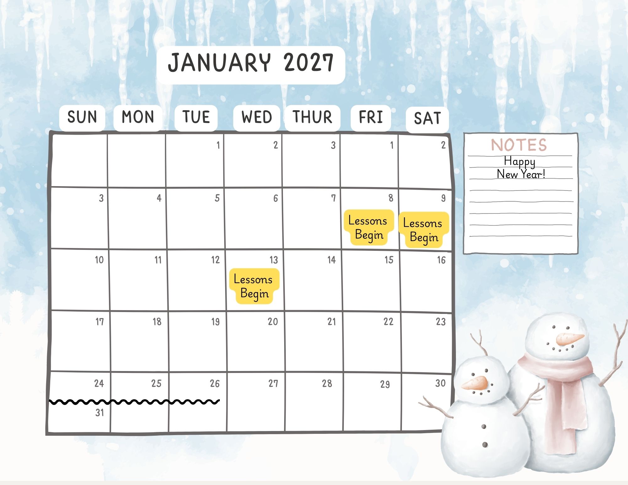 january 2027 sparrow & song calendar