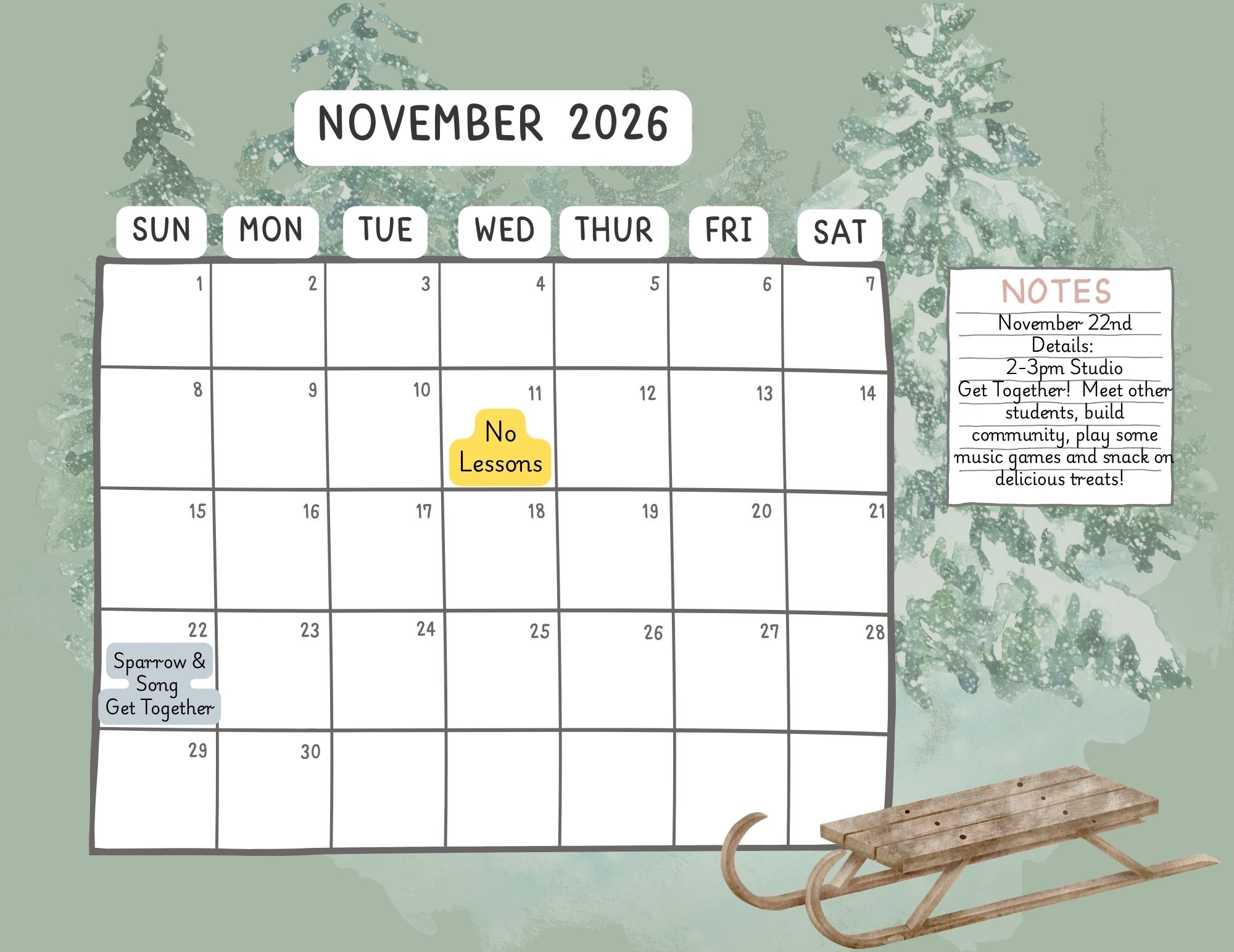 november 2026 sparrow & song calendar