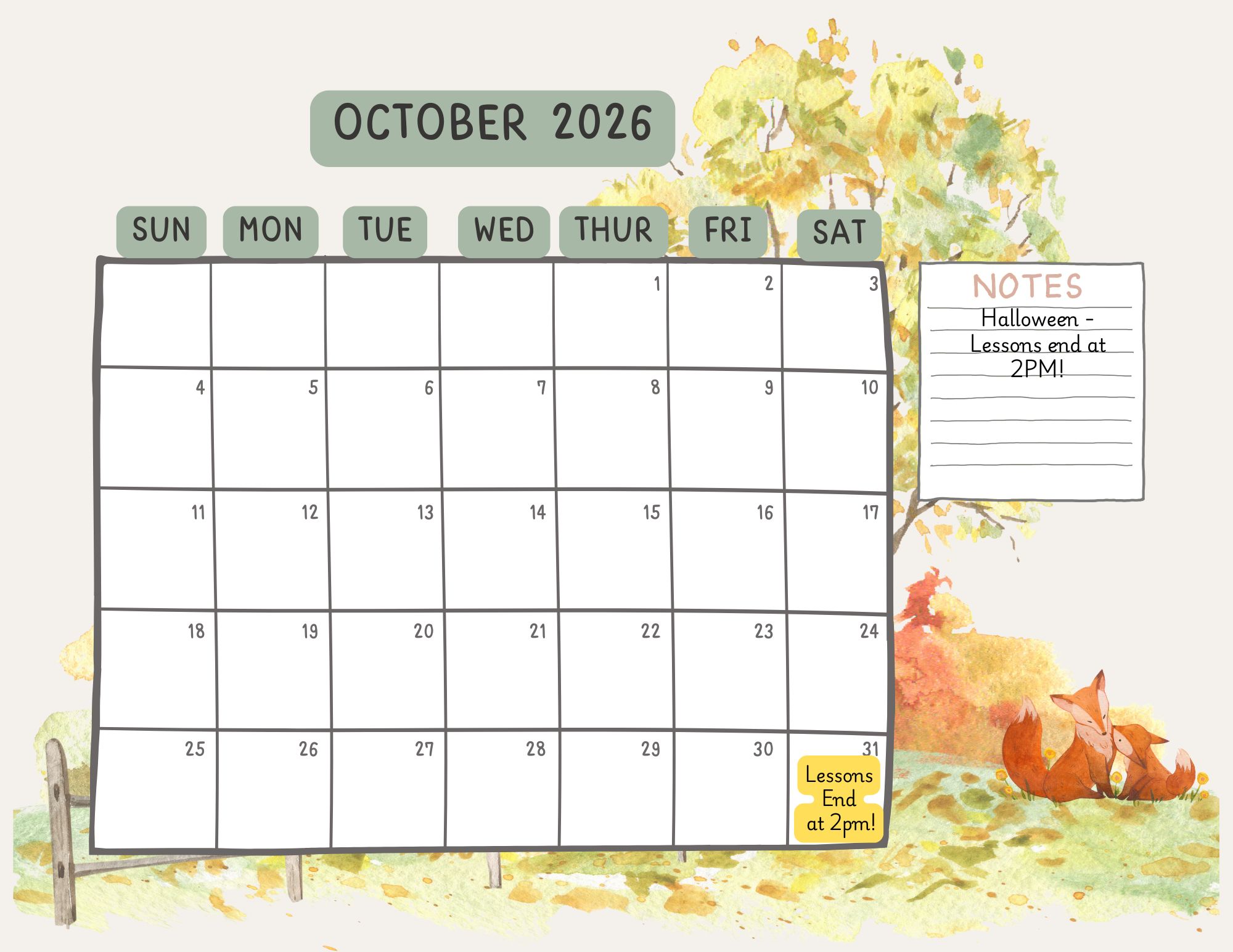 october 2026 sparrow & song calendar